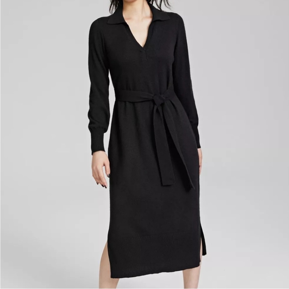 Charter Club 100% Cashmere Elegant Black Midi Dress with Belt large